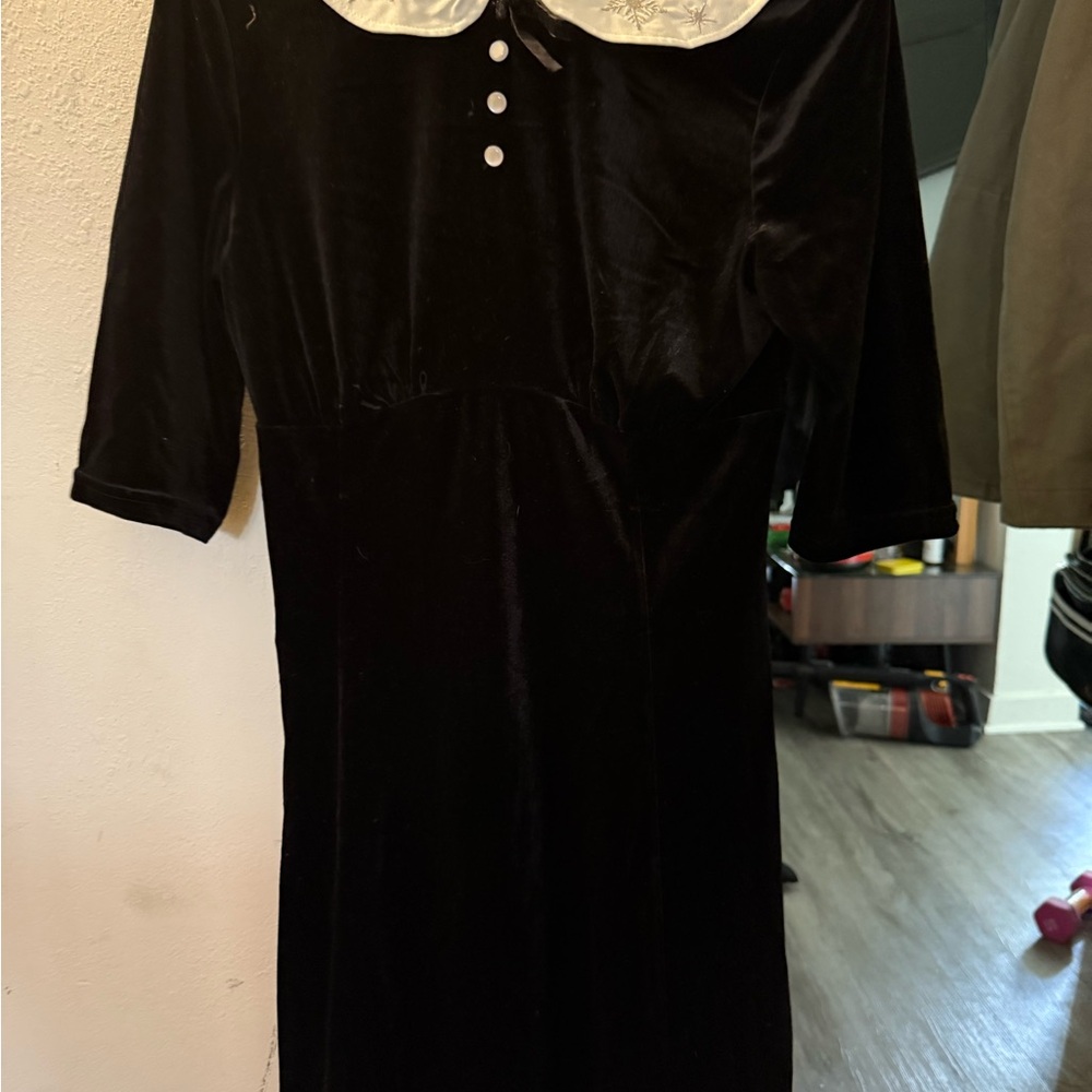 Hell Bunny Black Velvet Dress with White Collar